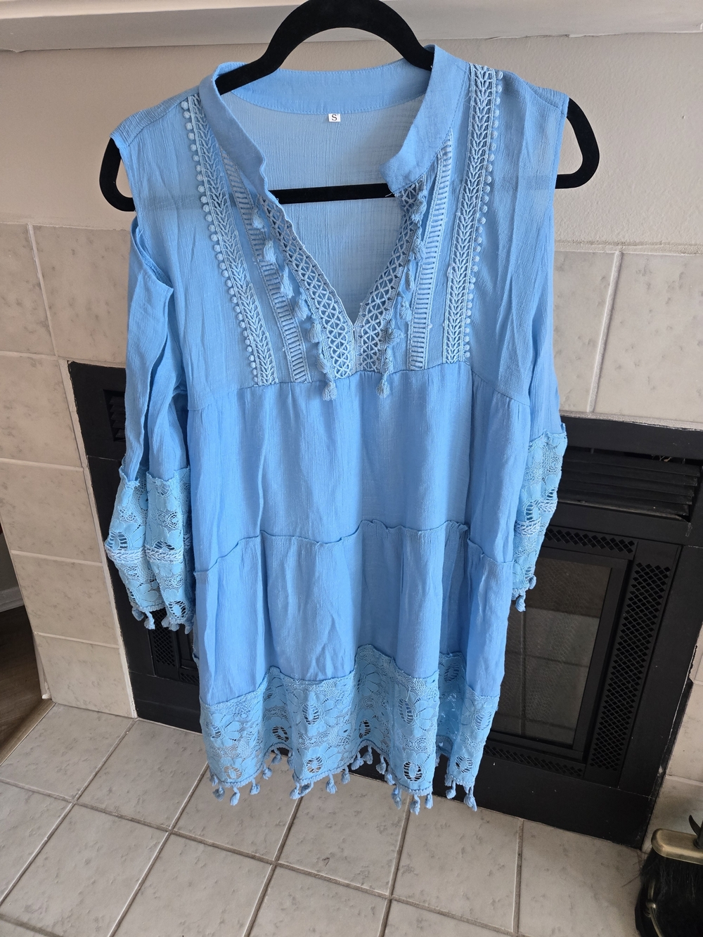 Unbranded Light Blue Women's Crochet Trim Cold-Shoulder Tunic Top